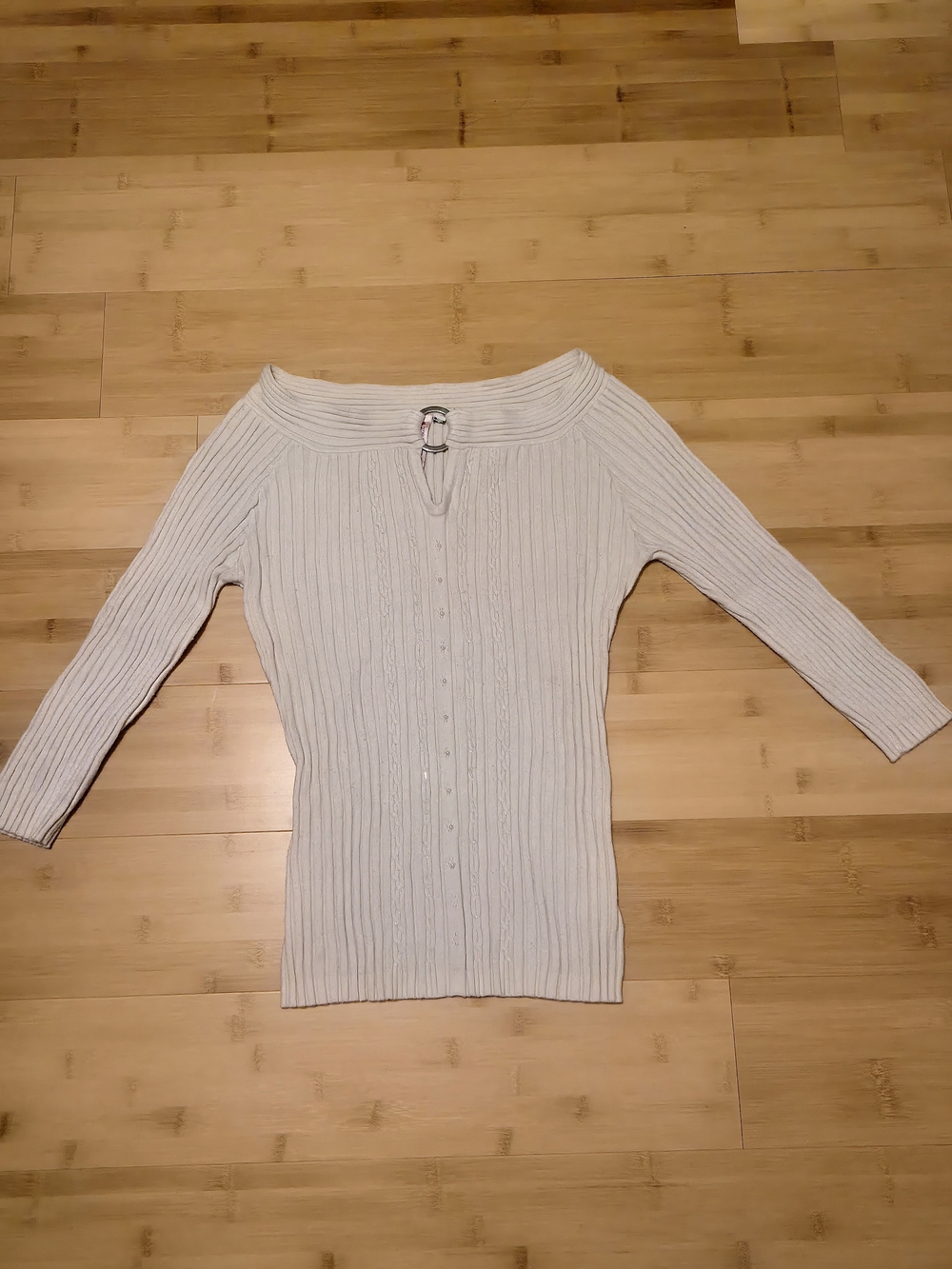 ​Heart Soul Y2K Cream Ribbed Knit Sweater Ring O-Ring Keyhole Beaded XL